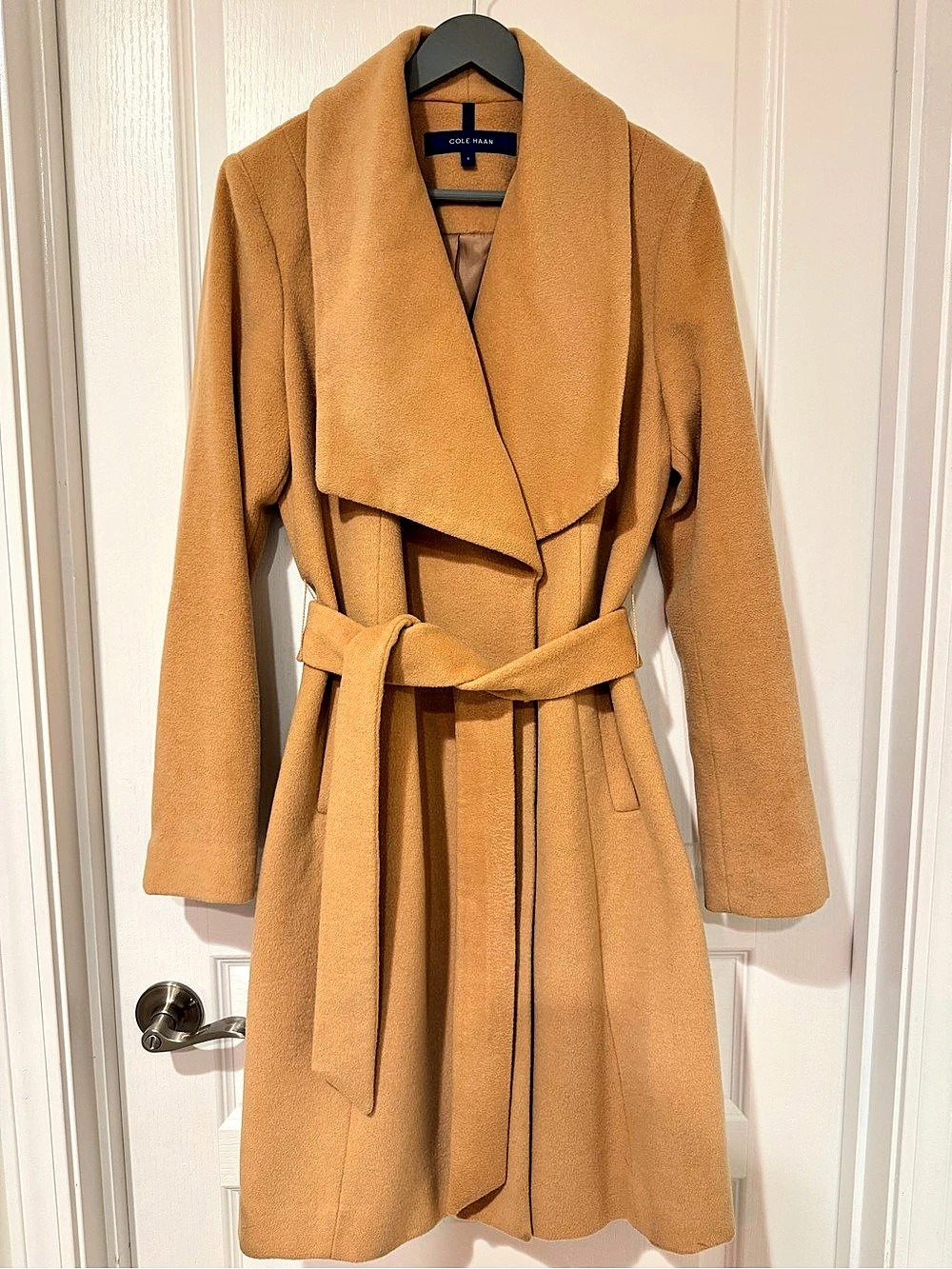 Cole Haan Signature Tan Slick Wool Blend Wrap Coat